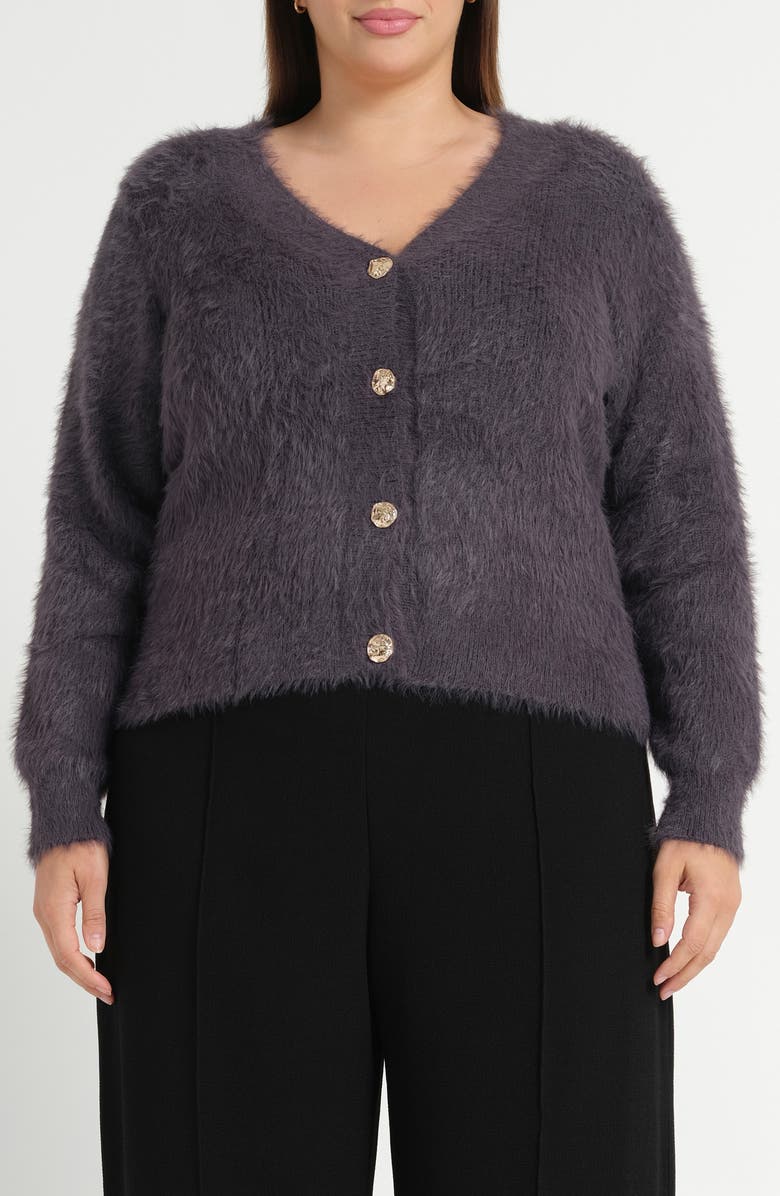 Estelle Chantelle Fuzzy V-Neck Cardigan, Main, color, Slate