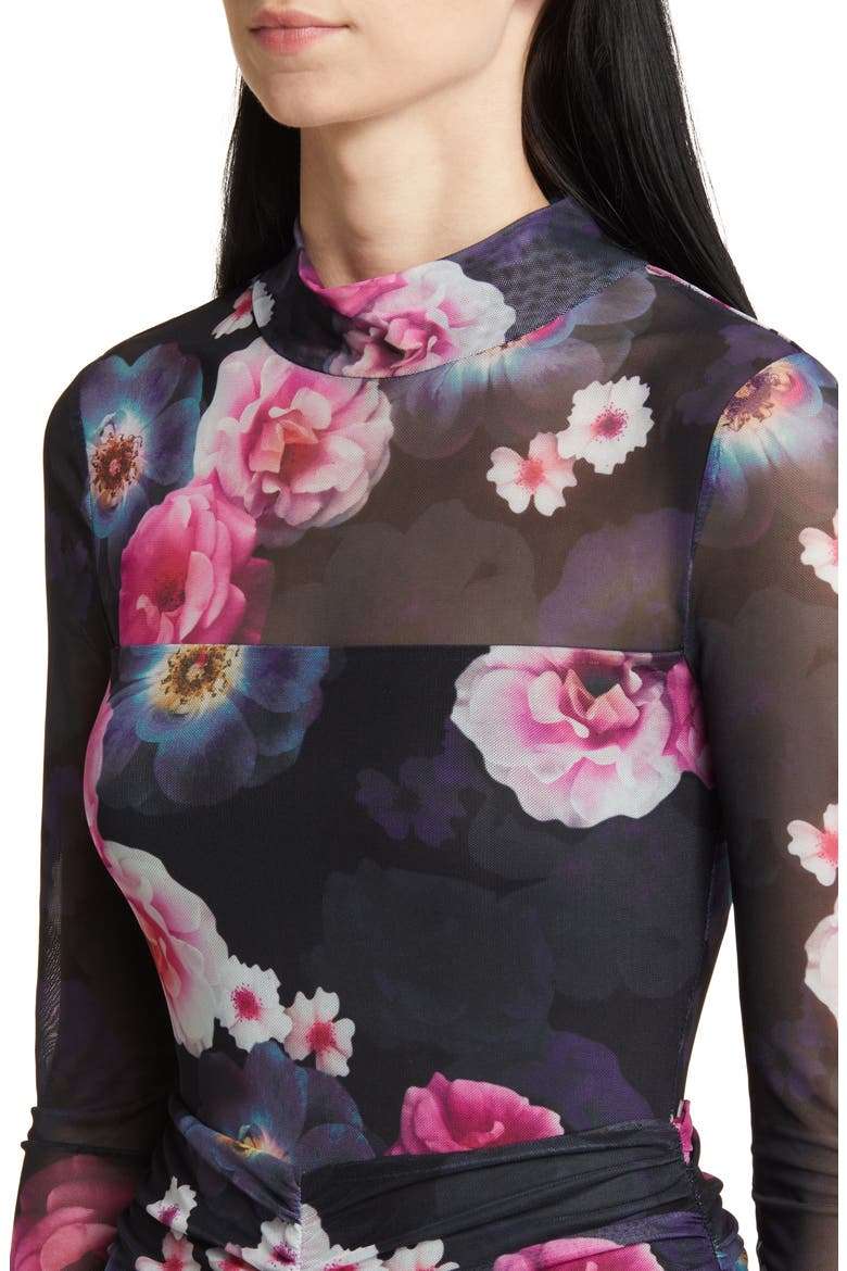 Floral Ruched Mesh Long Sleeve Midi Dress, Alternate, color, BLUE/ GREEN