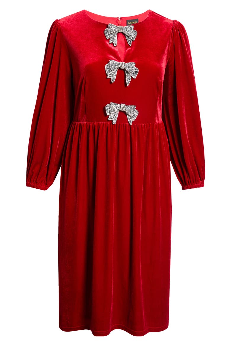 Jena Glow Bow Long Sleeve Velvet Midi Dress, Alternate, color, RED