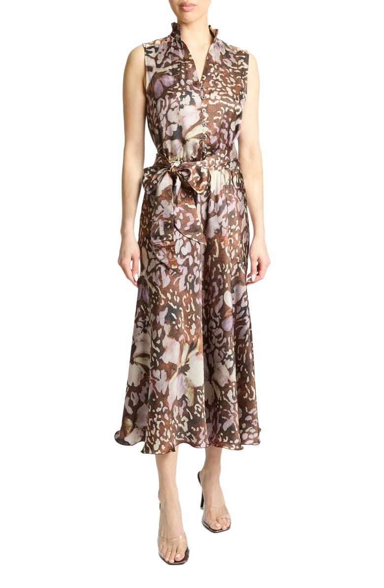 Santorelli Nirva Sleeveless Ruffle-Neck Midi Dress in Abstract Floral Silk, Main, color, 