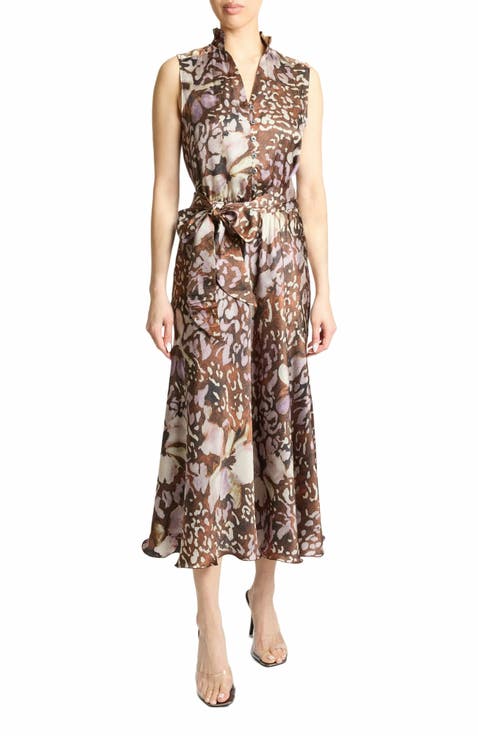 Nirva Sleeveless Ruffle-Neck Midi Dress in Abstract Floral Silk