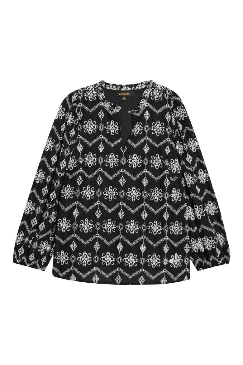 Embroidered Ruffle Split Neck Top, Alternate, color, BLACK IVORY
