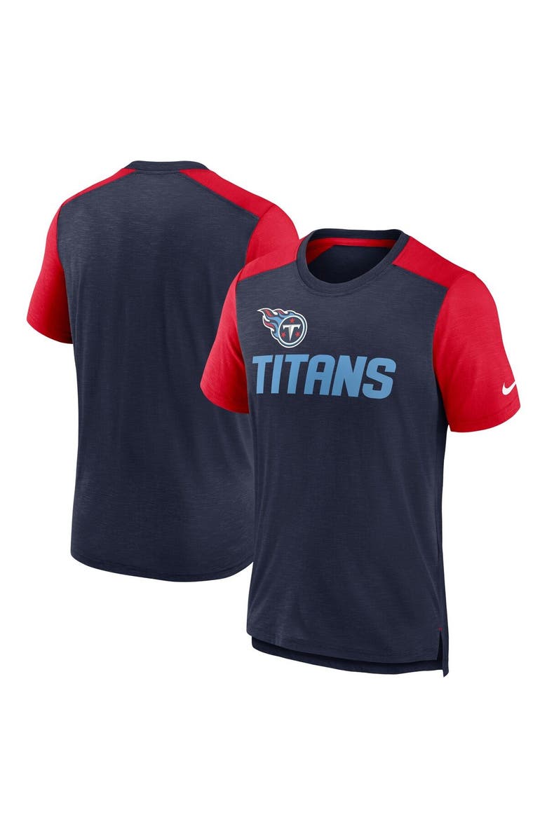 Nike Men's Nike Heathered Navy/Heathered Red Tennessee Titans Color Block Team Name T-Shirt, Main, color, Heather Navy