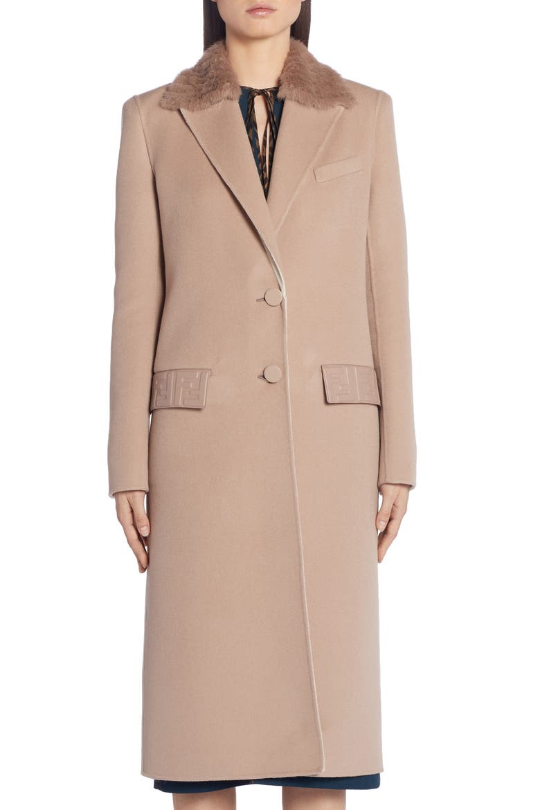 FF Logo Double Face Cashmere Coat with Removable Genuine Mink Fur Collar, Main, color, BEIGE