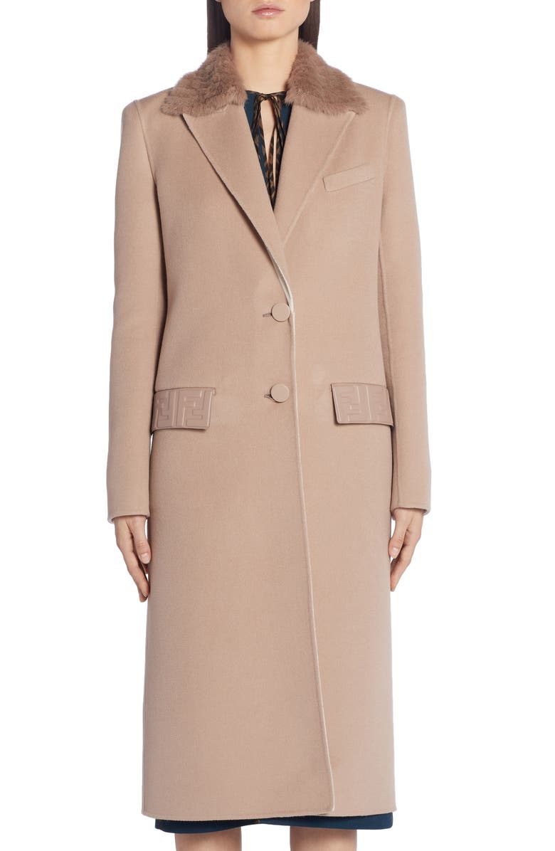 Fendi FF Logo Double Face Cashmere Coat with Removable Genuine Mink Fur Collar, Main, color,