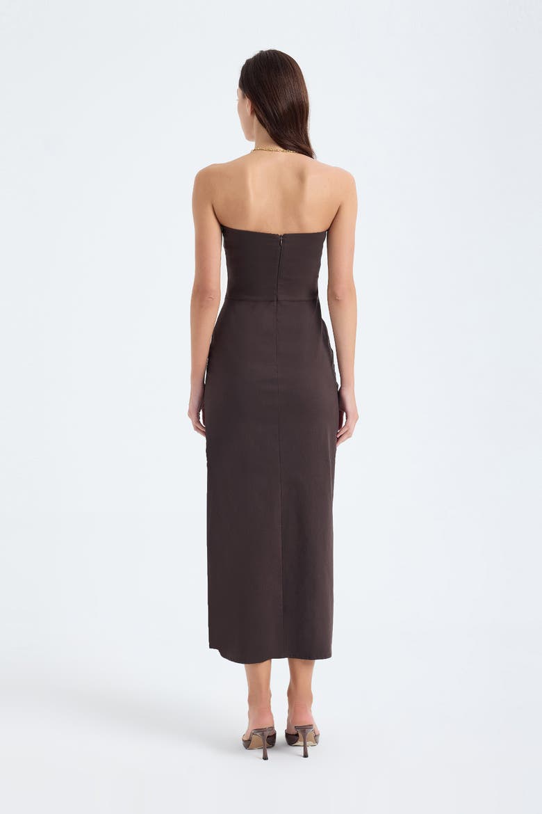 Akasha Strapless Cotton Blend Midi Dress with Front Slit, Alternate, color, Brown