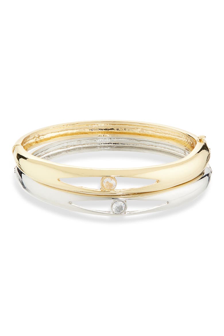 Set of 2 Two-Tone Crystal Evil Eye Bangle Bracelets, Main, color, GOLD/ SILVER/ CZ