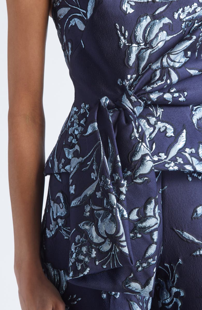 Lela Rose Metallic Floral Brocade Strapless Cascade Top, Alternate, color, Navy