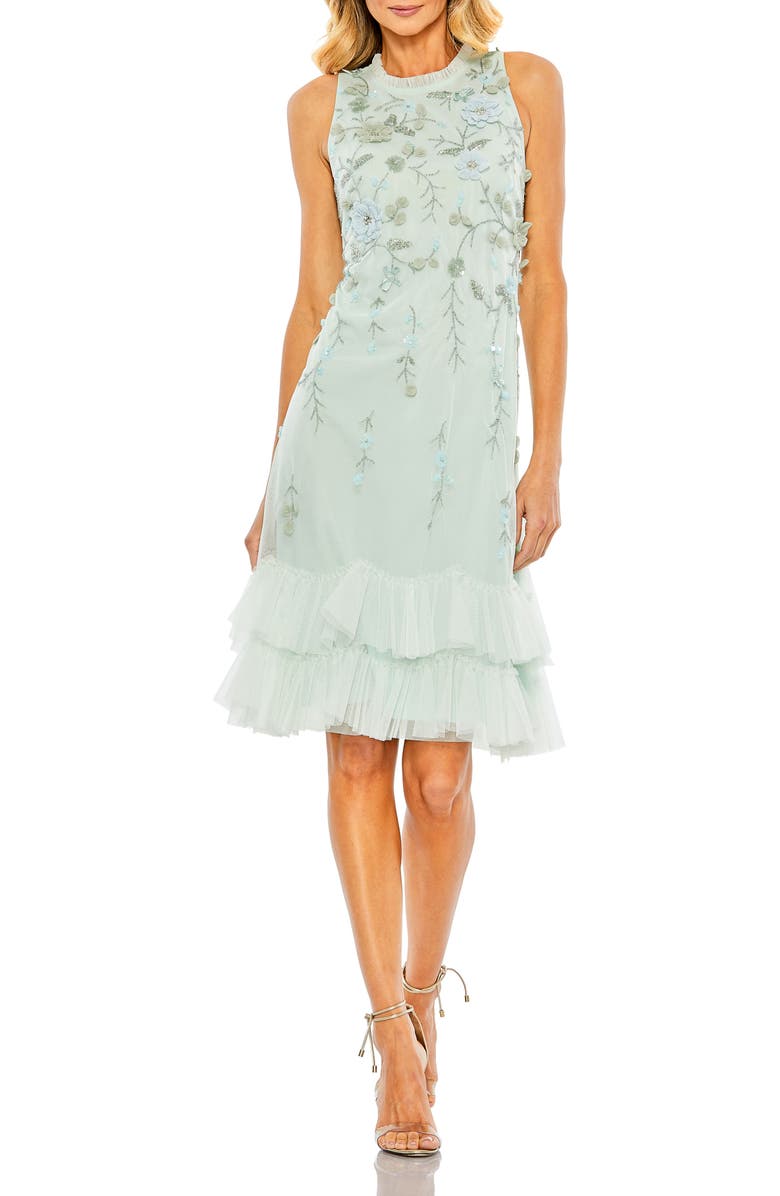 Mac Duggal Women's Embellished Ruffle Tiered High Neck Floral Dress, Main, color, Seafoam