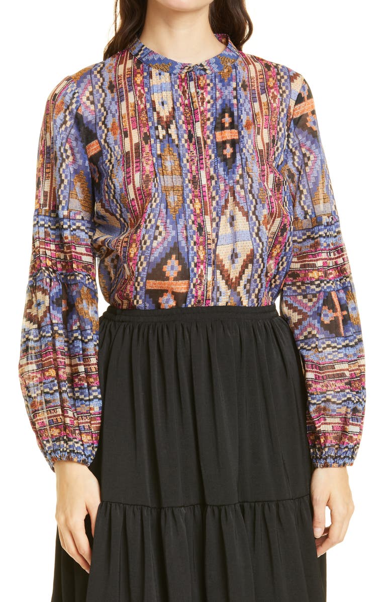 KOBI HALPERIN Melody Print Pintuck Cotton Blouse, Main, color,