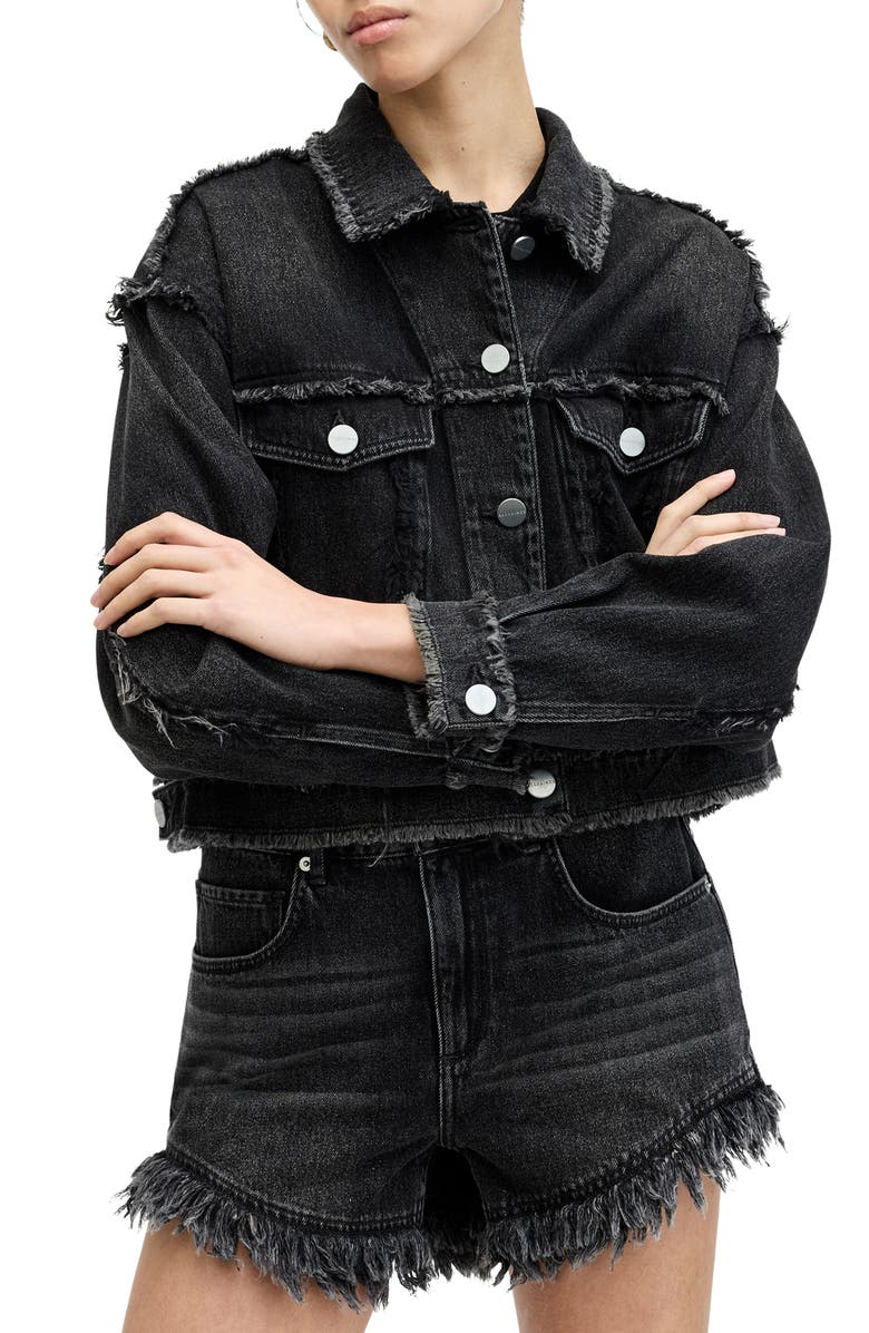 AllSaints Astrid Frayed High Waist Denim Shorts, Alternate, color, Washed Black