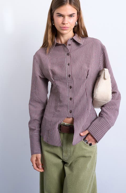 Split Front Cotton Blend Button-Up Shirt