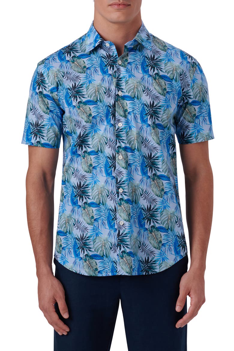 Classic Fit Print Stretch Cotton Short Sleeve Button-Up Shirt, Main, color, SKY