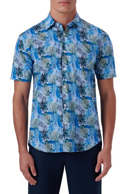 Shaped Fit Print Stretch Cotton Short Sleeve Button-Up Shirt