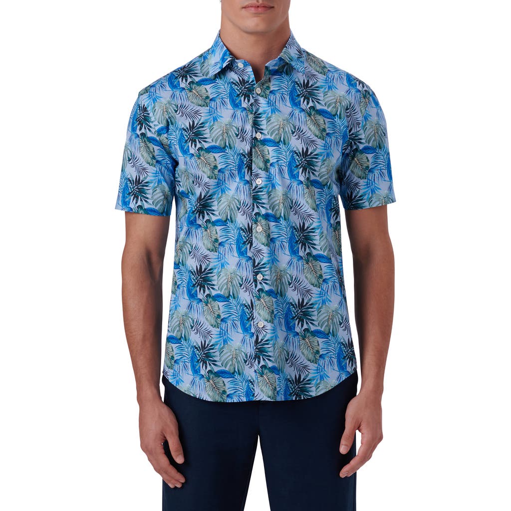 Bugatchi Shaped Fit Print Stretch Cotton Short Sleeve Button-up Shirt In Blue