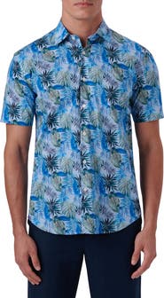 Bugatchi Shaped Fit Print Stretch Cotton Short Sleeve Button-Up Shirt