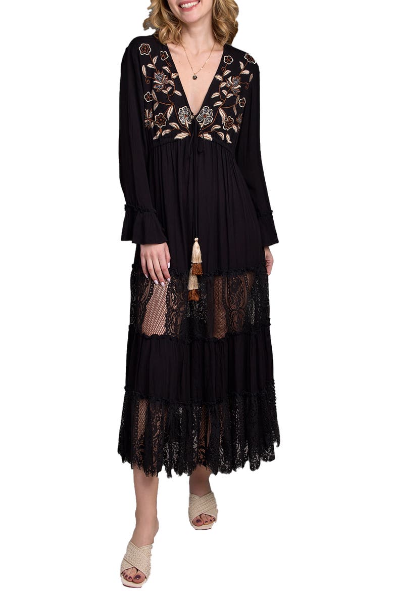 Floral Embroidered Lace Long Sleeve Tiered Caftan, Main, color, BLACK