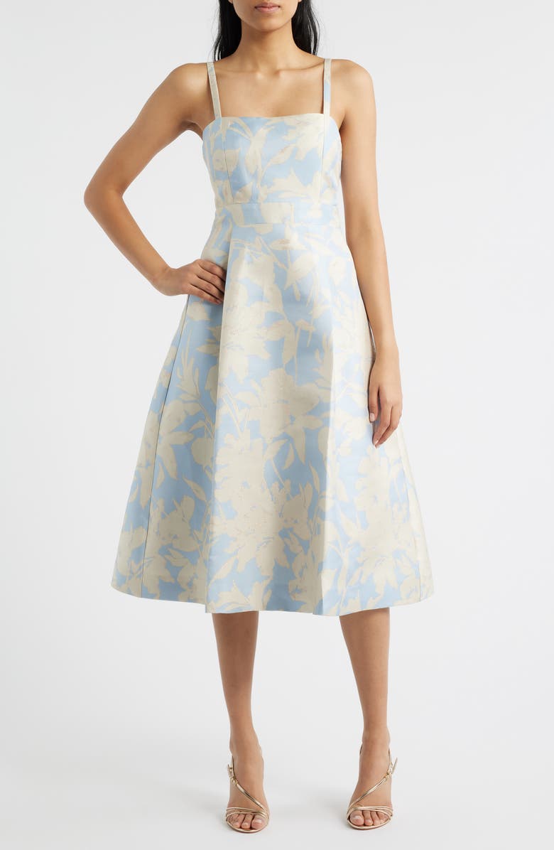 CeCe Metalllic Floral Dress, Main, color, Aqua Dusk