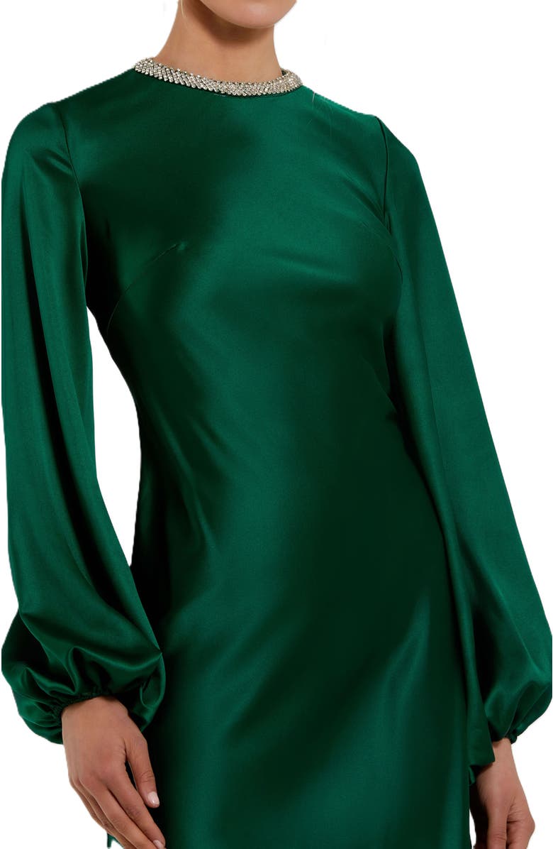 Mac Duggal Women's Crystal Embellished High Neck Satin Maxi Dress, Alternate, color, Emerald