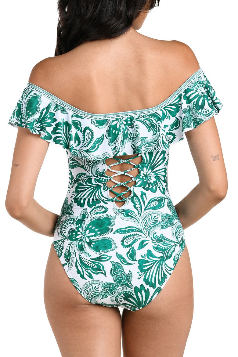 Botanical Brocade Ruffle Off the Shoulder One-Piece Swimsuit, Alternate, color, JUNGLE