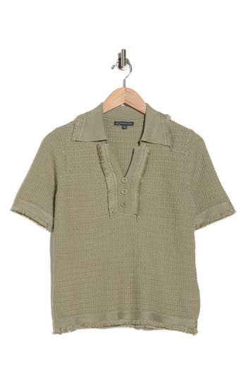 Adrianna Papell Frayed Edge Johnny Collar Polo In Green