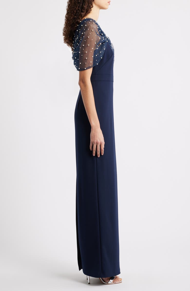 Eliza J Faux Pearl Mesh Detail Gown, Alternate, color, Navy