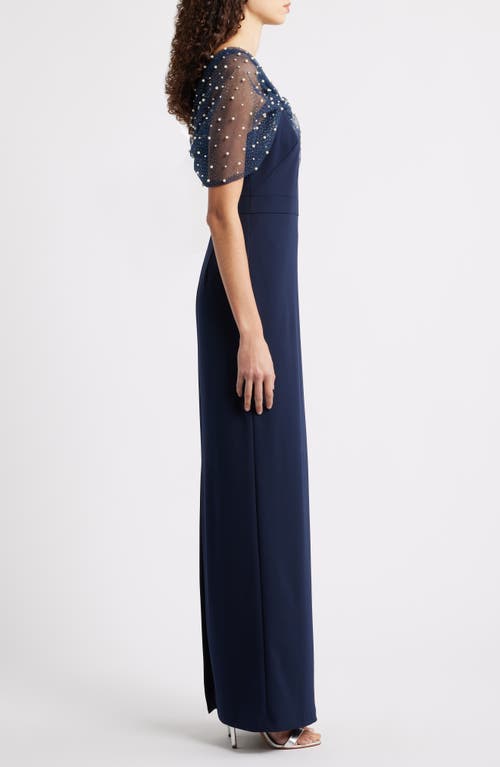 Eliza J Faux Pearl Mesh Detail Gown In Blue