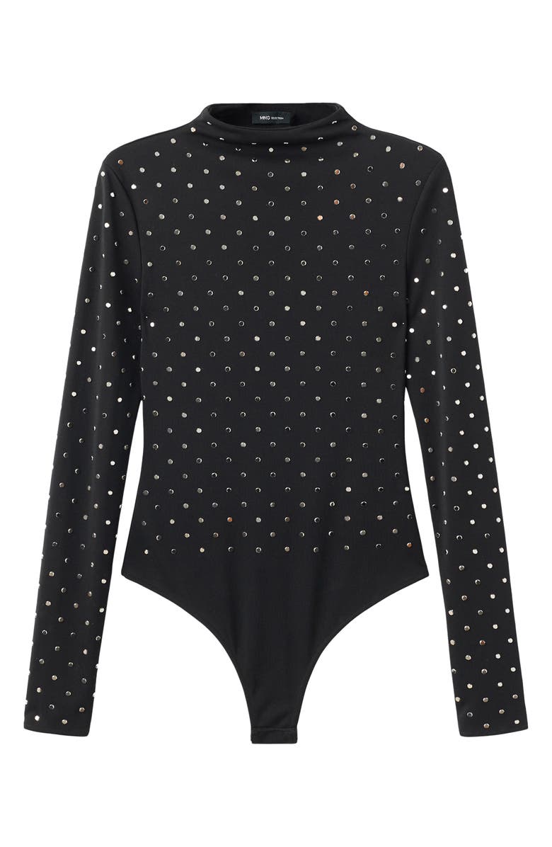 MANGO Selection Crystal Embellished Long Sleeve Bodysuit, Main, color, Black
