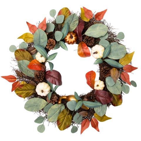 Pumpkin Pinecone and Gourd Artificial Fall Harvest Wreath - 24"