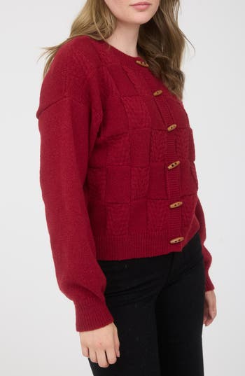 Blu Pepper Textured Oblong Button Cardigan In Red