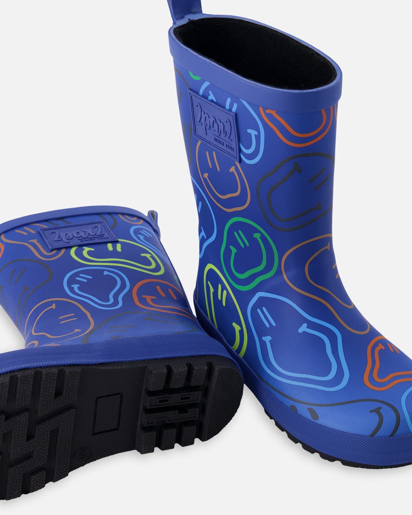 Deux par Deux Waterproof Smiley Rain Boots in Natural Rubber, Alternate, color, Blue Printed Smiley