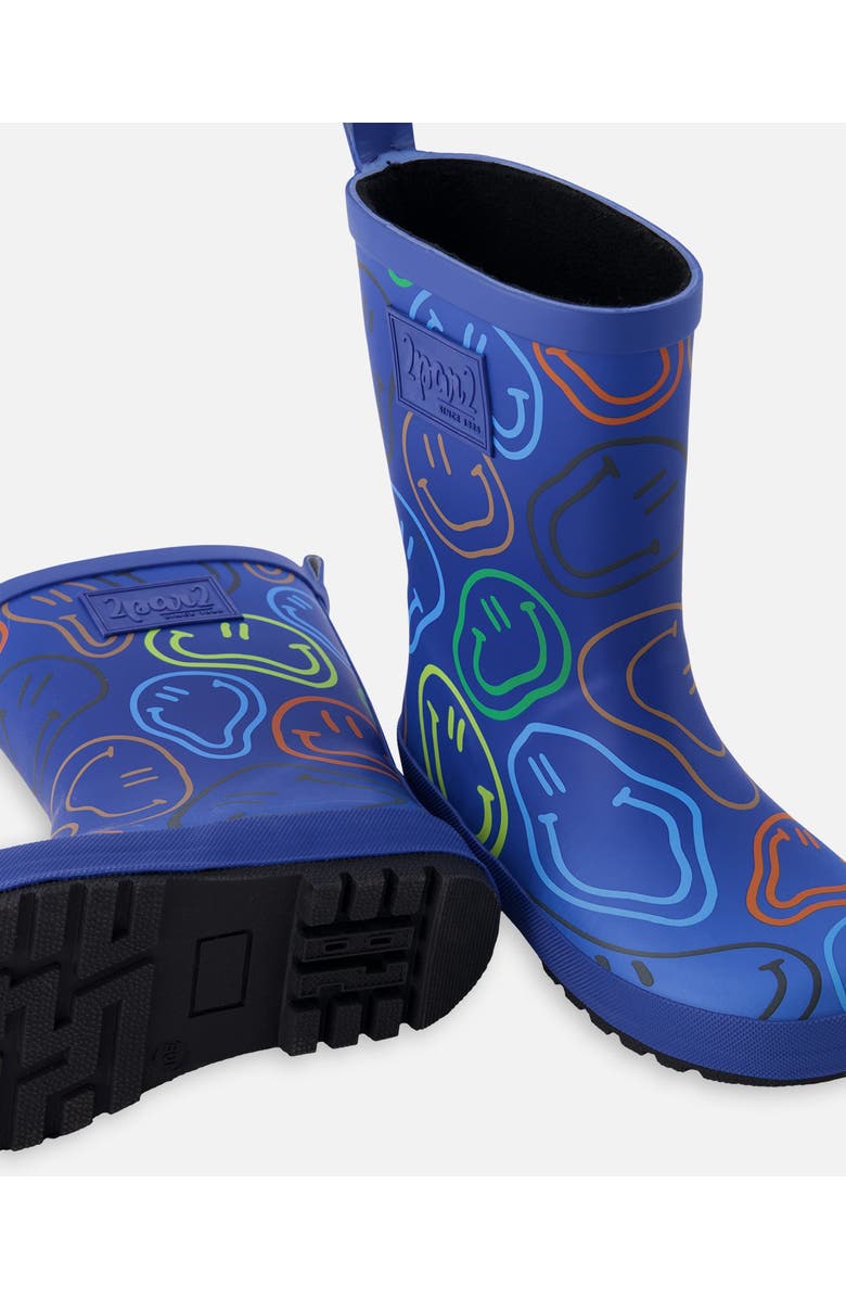 Deux par Deux Waterproof Smiley Rain Boots in Natural Rubber, Alternate, color, Blue Printed Smiley