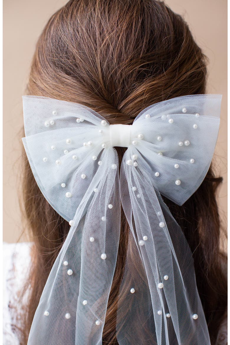 Aluma Faux Pearl Tulle Bow, Alternate, color, IVORY