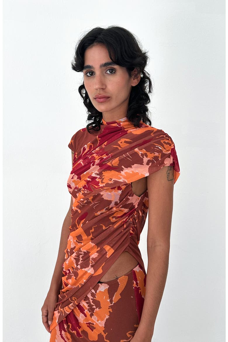 Lyra Printed Draped Mesh Dress, Alternate, color, Brown Print