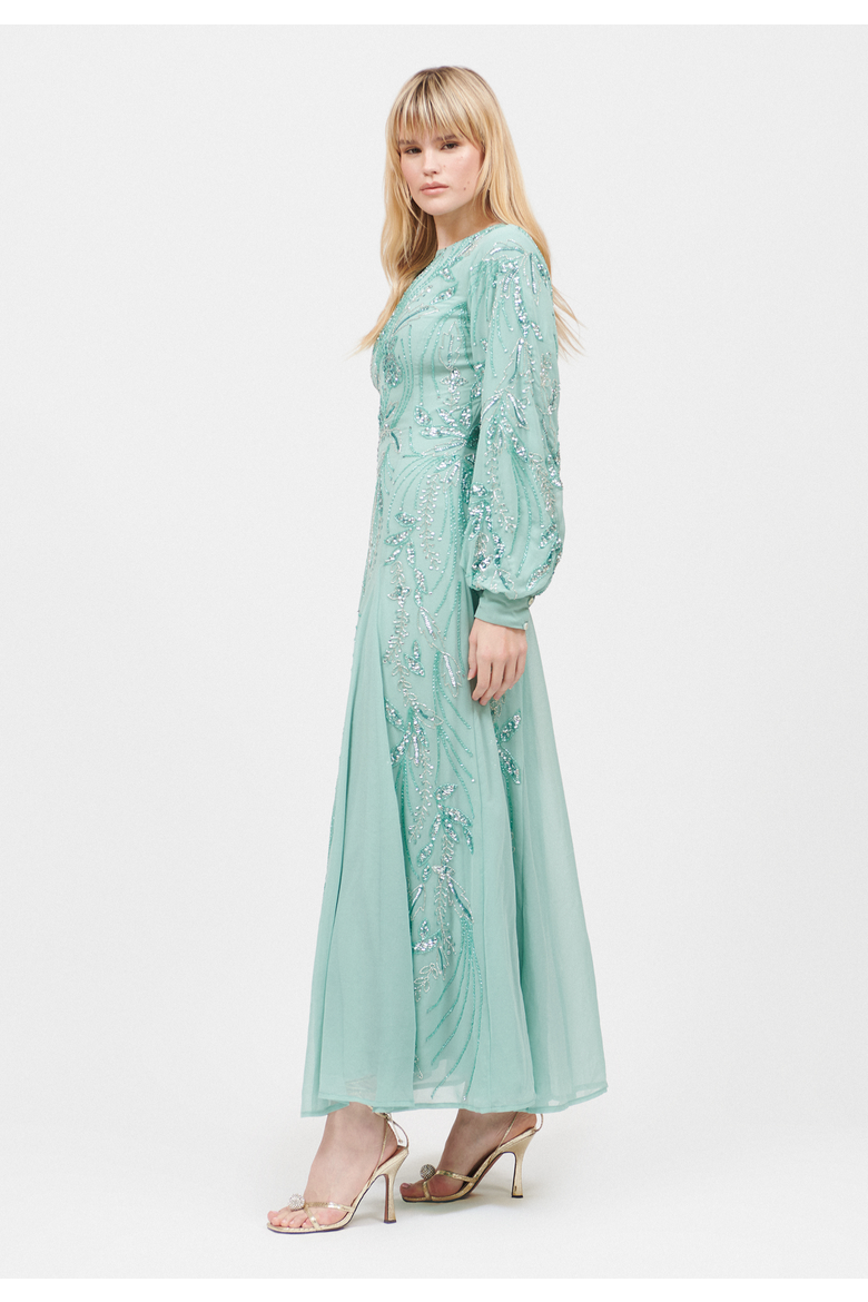Occasion Modest Embellished Sequin Beaded Boat Neck Evening Maxi Dress, Alternate, color, MISTY GREEN