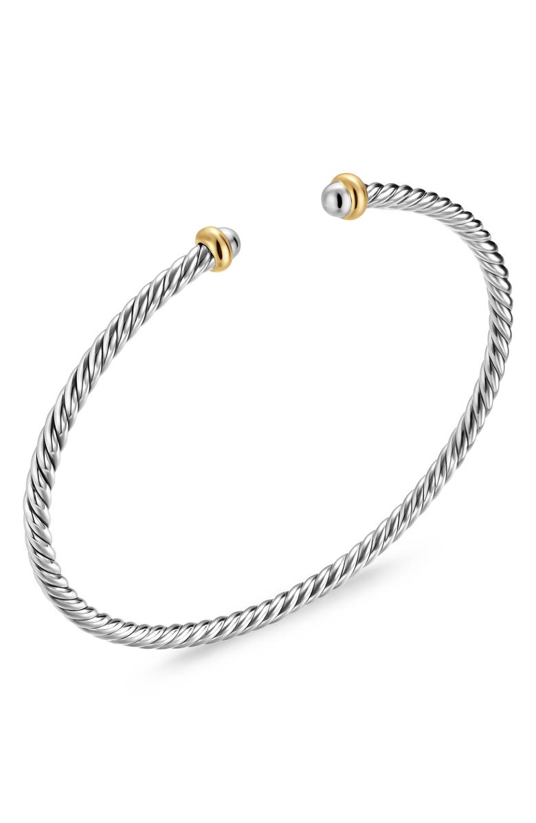 David Yurman Micro Cable Flex Sterling Silver & Yellow Gold Open Bracelet, 2.6mm, Alternate, color, Silver