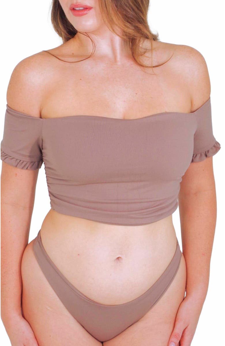 Mary Mercedes Cali Off-The-Shoulder Bikini Crop Top With Short Sleeves, Alternate, color, Taupe