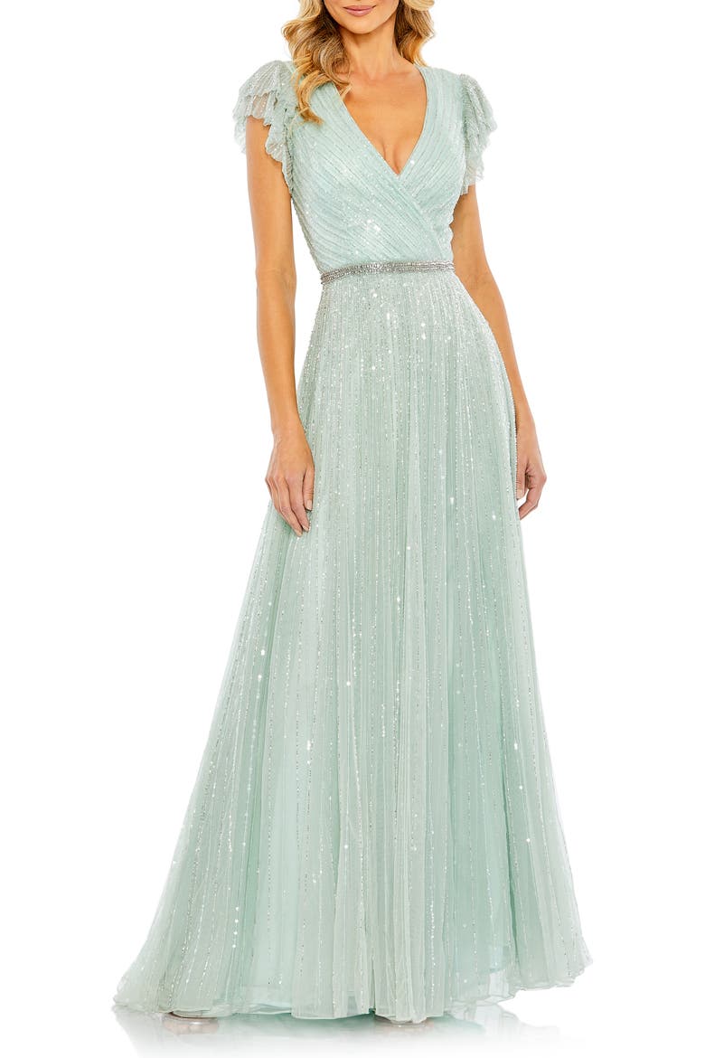 Women's Sequined Wrap Over Ruffled Cap Sleeve Gown, Main, color, SEAMIST