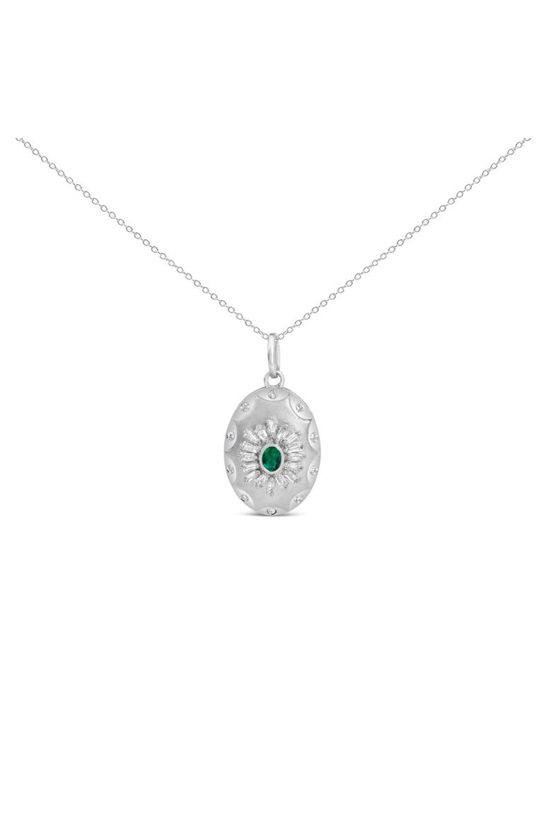 Sterling Silver Lab Grown Emerald and Diamond Sunburst Medallion Pendant Necklace, Main, color, Silver