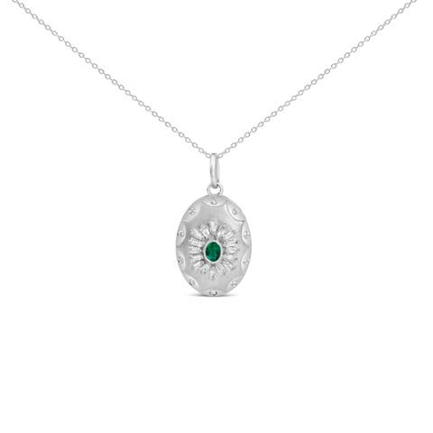 Sterling Silver Lab Grown Emerald and Diamond Sunburst Medallion Pendant Necklace