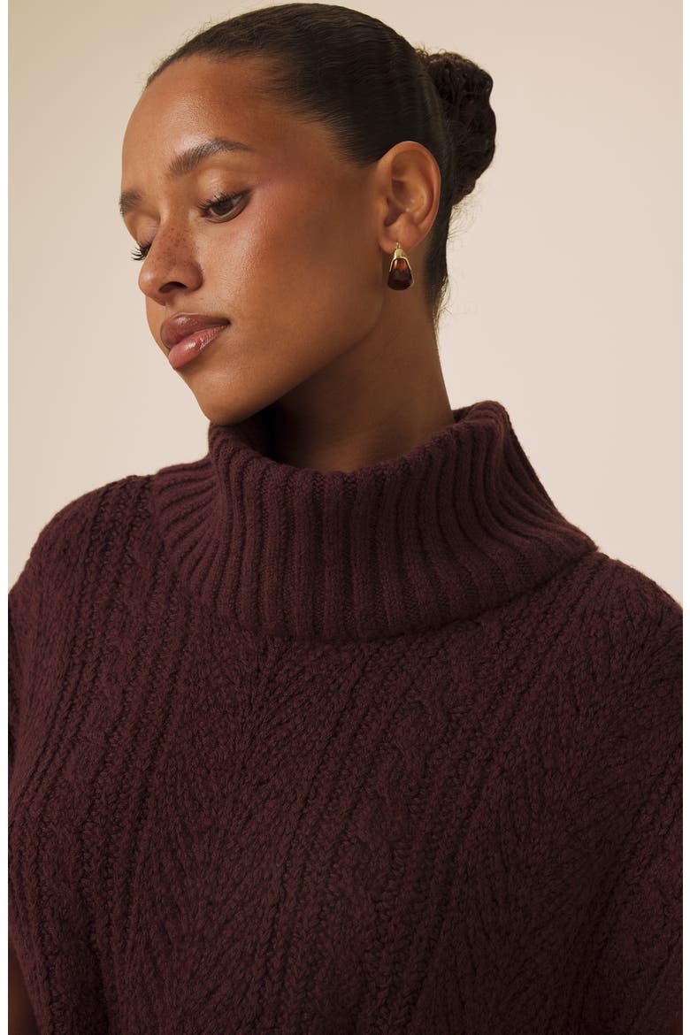 Rosalina Cable Stitch Short Sleeve Turtleneck Sweater, Alternate, color, MERLOT RED