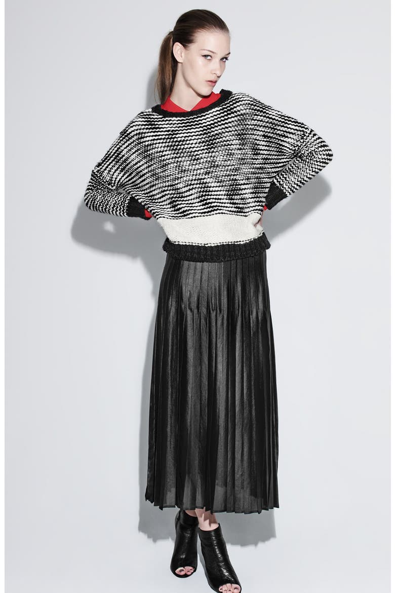 Pleat Midi Skirt, Alternate, color, COATED BLACK