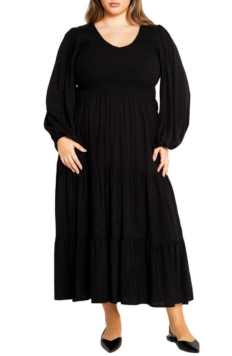 City Chic Jayden Tiered Long Sleeve Dress, Main, color, 