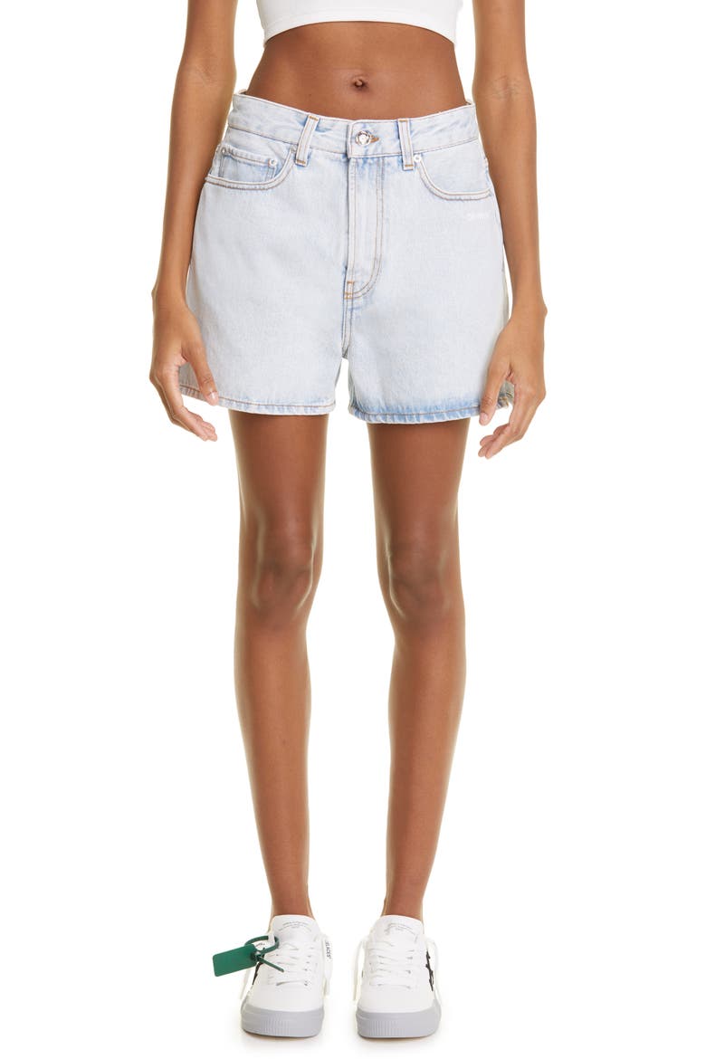 Diagonal Stripe Block Denim Shorts, Main, color, BLUE WHITE