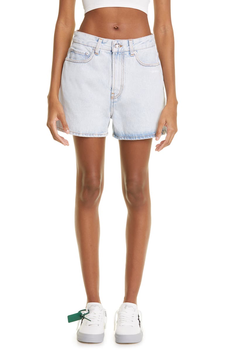 Off-White Diagonal Stripe Block Denim Shorts, Main, color, 