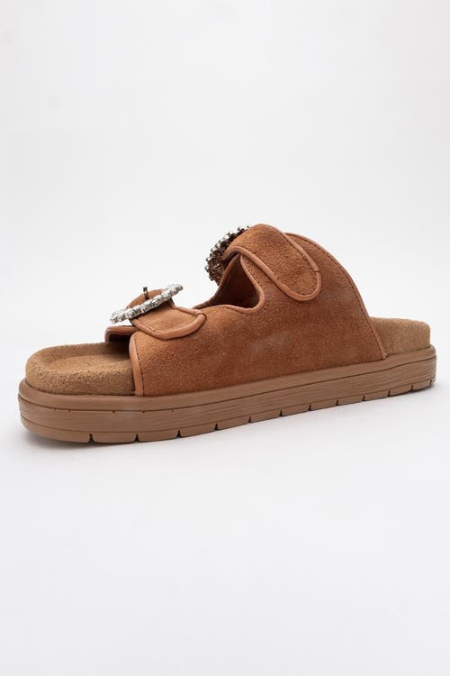 Forever & Always Shoes Morelia Suede Leather Slide Sandal In Cognac Brown Suede Leather