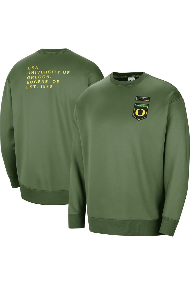 Women's Nike Olive Oregon Ducks Military Collection All-Time Performance Crew Pullover Sweatshirt, Main, color, Olive
