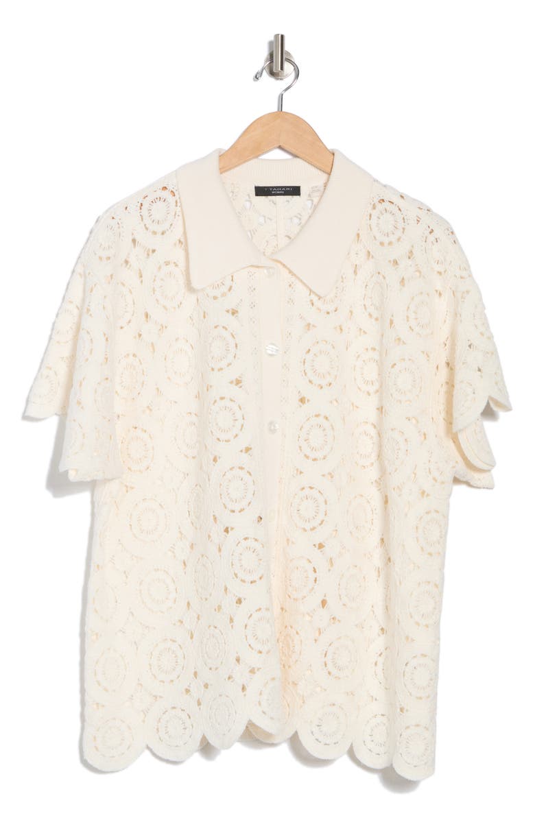 T Tahari Short Sleeve Mosaic Crochet Cardigan, Alternate, color, Ivory / Natural