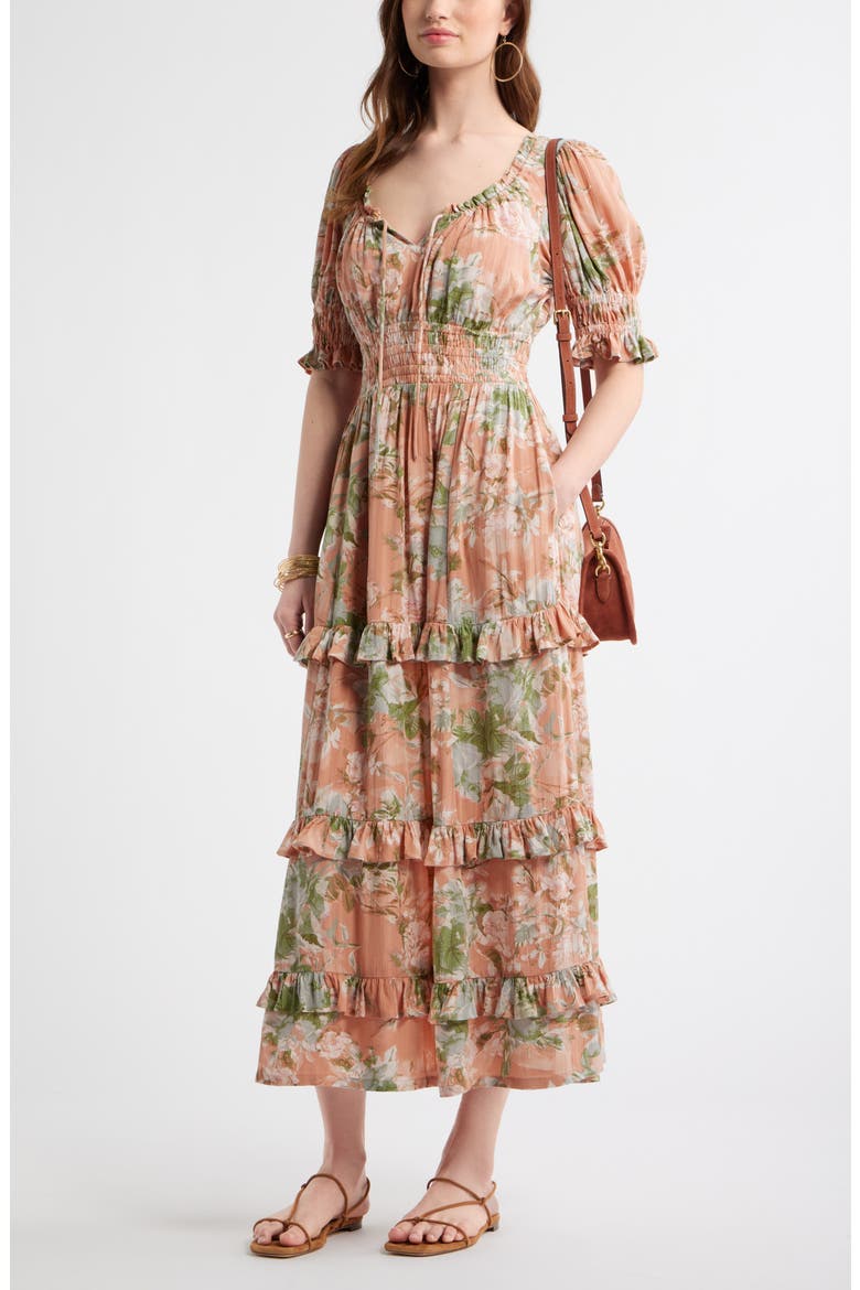 Smock Waist Ruffle Trim Tiered Maxi Dress, Alternate, color, CORAL- BLUE ROSE BLOOM