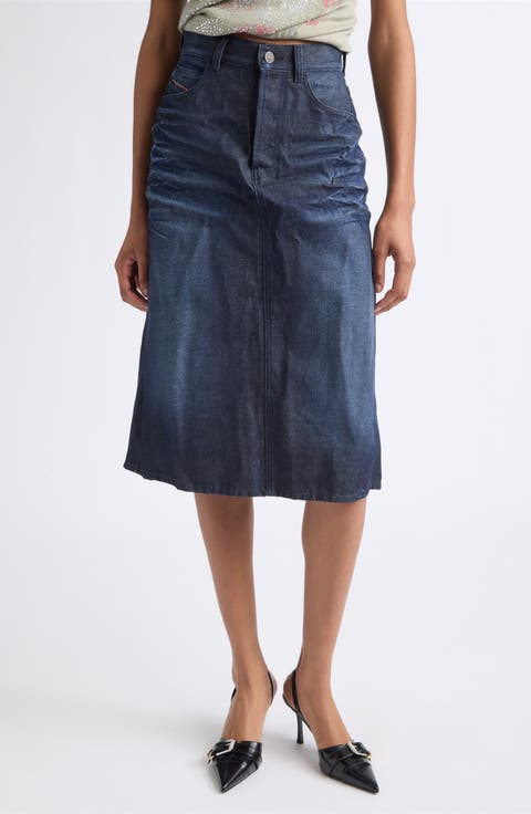 Creased Denim Midi Skirt